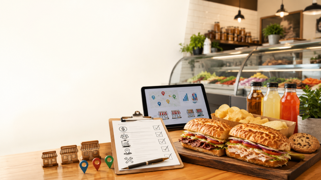 Bright sandwich shop counter with fresh sub sandwiches, chips, bottled drinks, and a cookie, alongside a clipboard and tablet showing franchise comparison visuals, representing restaurant franchise opportunities.