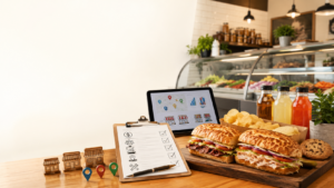 Bright sandwich shop counter with fresh sub sandwiches, chips, bottled drinks, and a cookie, alongside a clipboard and tablet showing franchise comparison visuals, representing restaurant franchise opportunities.